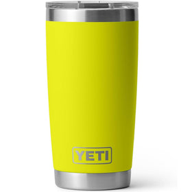YETI Rambler 20 oz Firefly Yellow front view shows durable stainless steel that keeps beverages at temperature