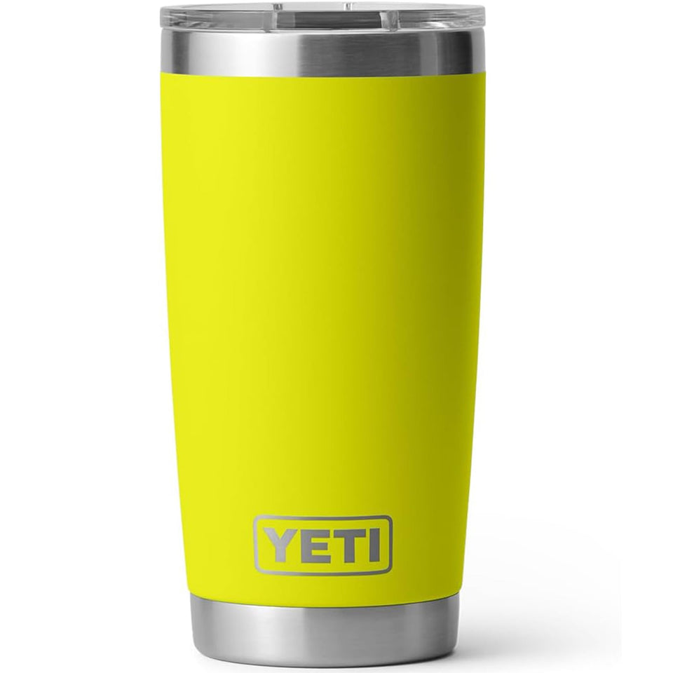 YETI Rambler 20 oz Firefly Yellow front view shows durable stainless steel that keeps beverages at temperature