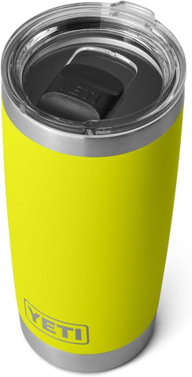 YETI Rambler 20 oz Firefly Yellow in hand demonstrates comfortable grip and No Sweat design