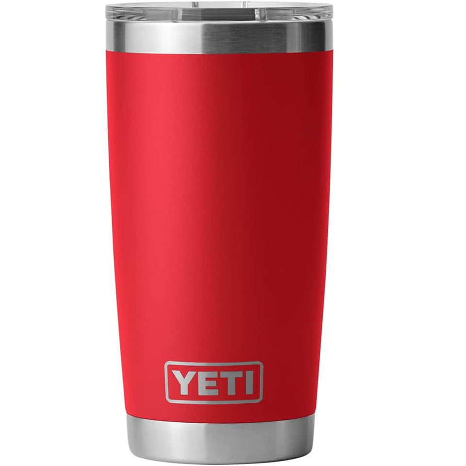 YETI Rambler 20 oz Tumbler in Rescue Red with durable stainless steel body for everyday use.