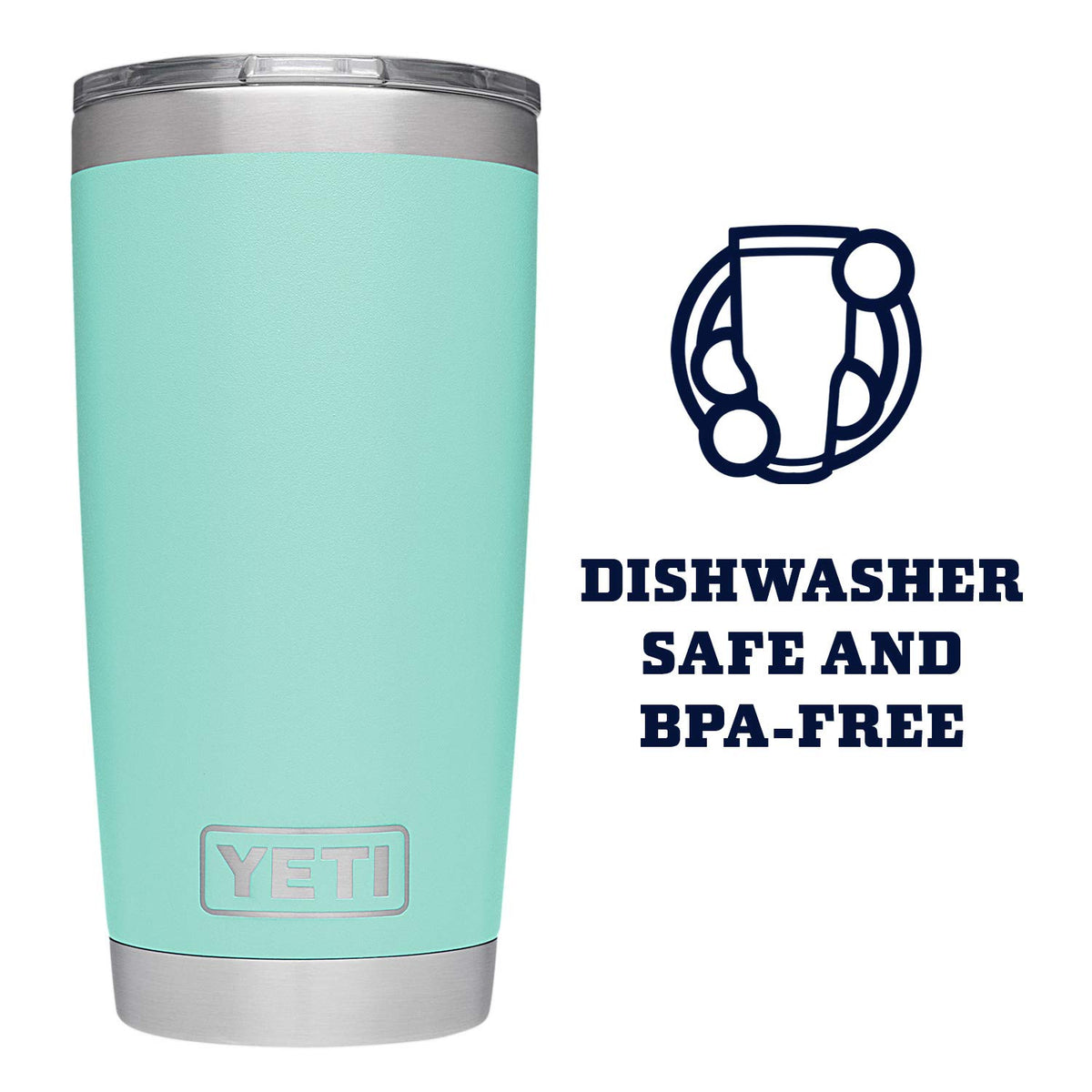YETI Rambler 20 oz seafoam dishwasher-safe design for easy cleaning.