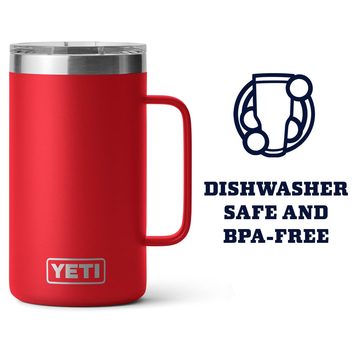 YETI Rambler 24 oz mug demonstrating magnetic lid use for one-handed access.