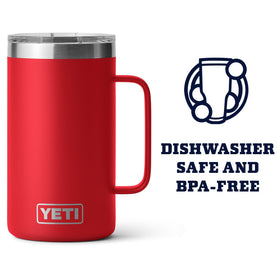 YETI Rambler 24 oz mug demonstrating magnetic lid use for one-handed access.