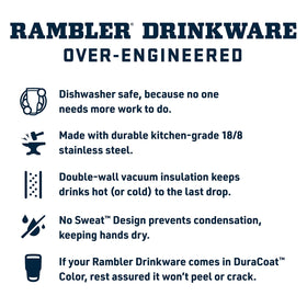 YETI Rambler 26 oz uses 18-8 stainless steel for durability and rust resistance.