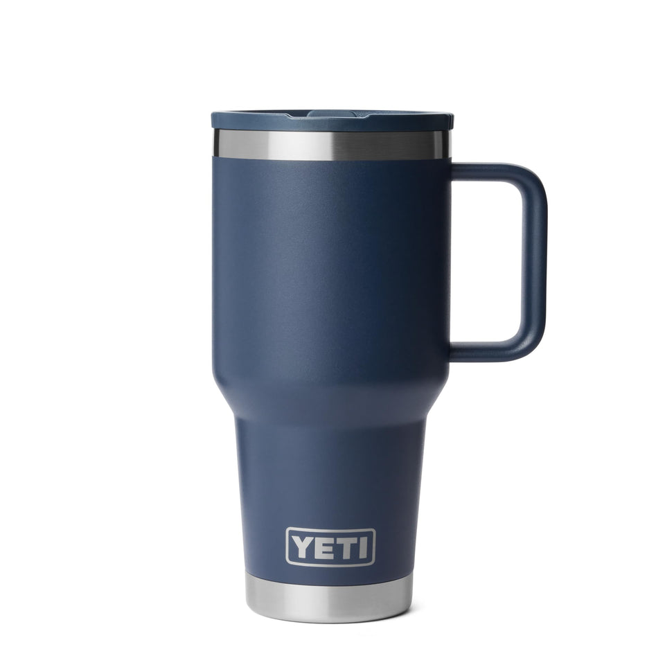 YETI Rambler 30 oz travel mug with flip straw lid in navy, spill-proof on the go