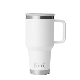 YETI Rambler 30oz Travel Mug front view in white, ideal for all-day caffeine on the go.