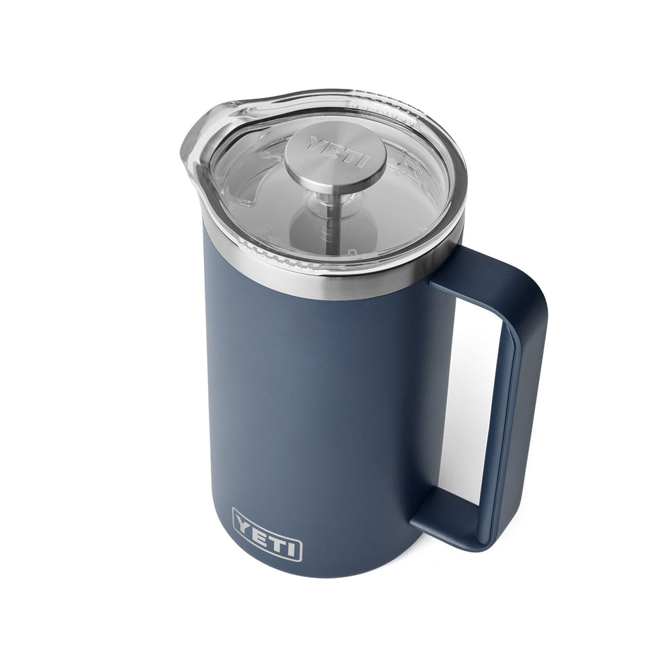 YETI Rambler 34 oz French Press Navy front view highlights rugged durability