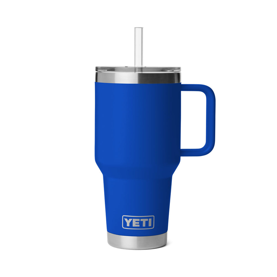 YETI Rambler 35 oz Straw Mug 2.0 in Royal Blue, side view, ideal for on-the-go hydration.
