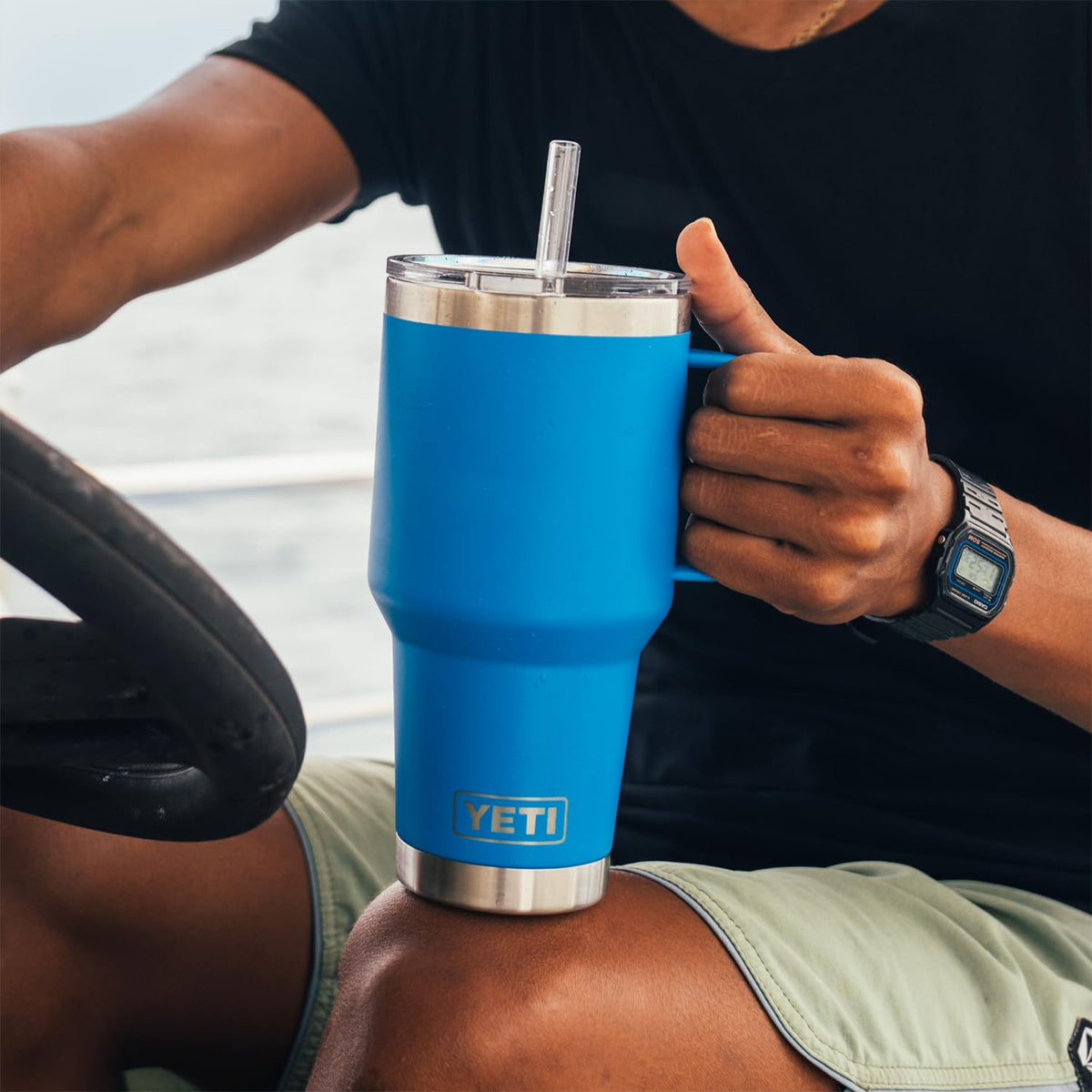 YETI Rambler in Big Wave Blue color highlighting bold outdoor-ready finish