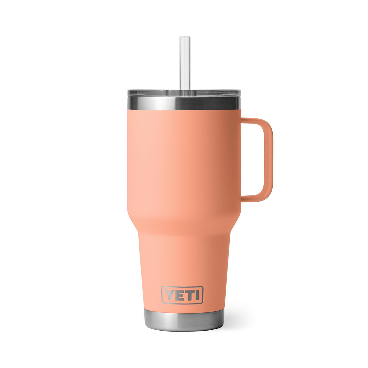 YETI Rambler 35 oz tumbler with handle in Lowcountry Peach, easy to carry on the go.