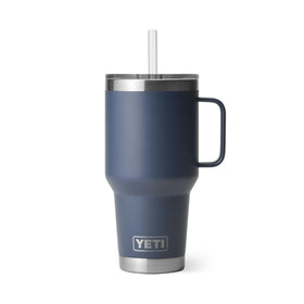 YETI Rambler 35oz tumbler with navy handle, keeps drinks cold on the go
