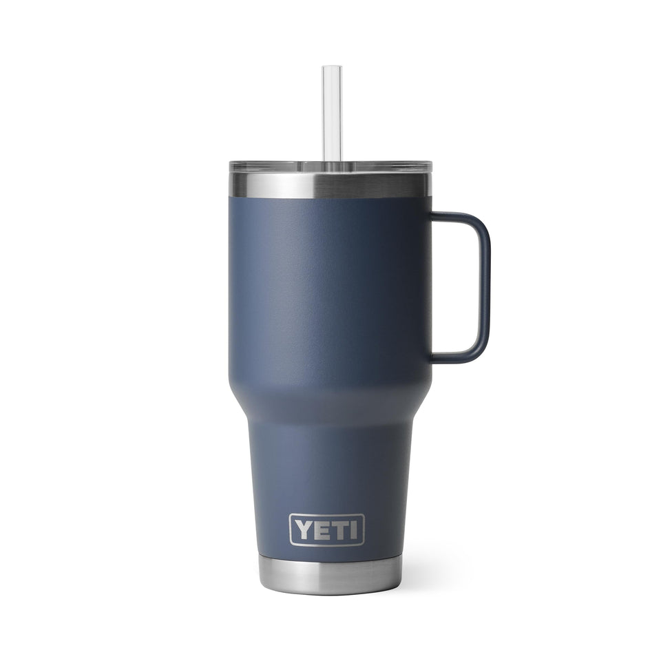 YETI Rambler 35oz tumbler with navy handle, keeps drinks cold on the go