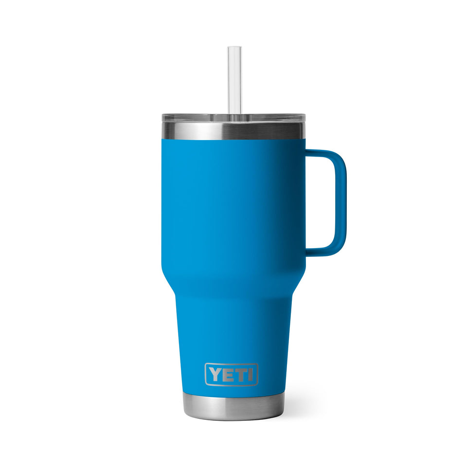 YETI Rambler 35 oz with handle and straw lid showing sturdy grip for on-the-go hydration