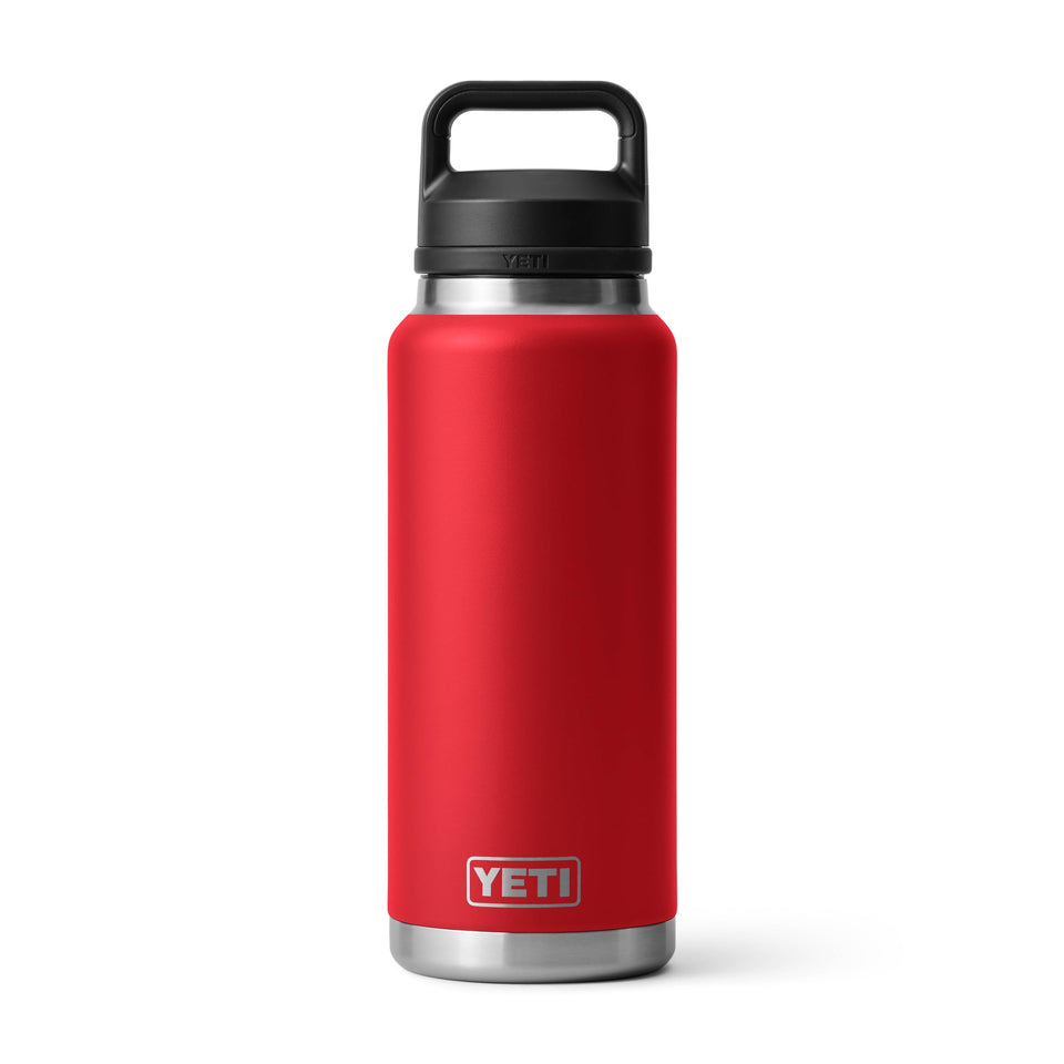 YETI Rambler 36-oz bottle Rescue Red, cap close-up, leakproof on-the-go hydration.