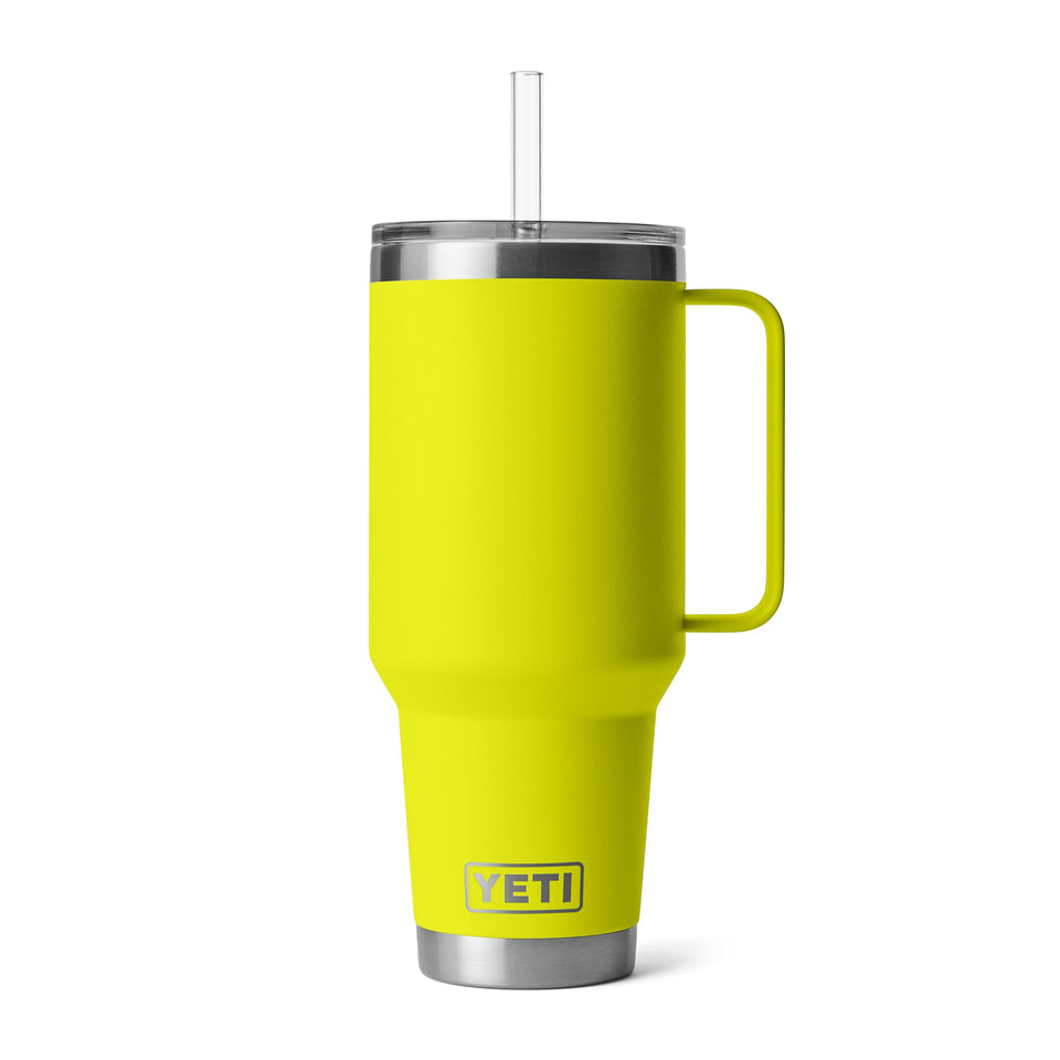 YETI Rambler 42 oz with handle and straw lid in Firefly Yellow keeps drinks cold on the go.