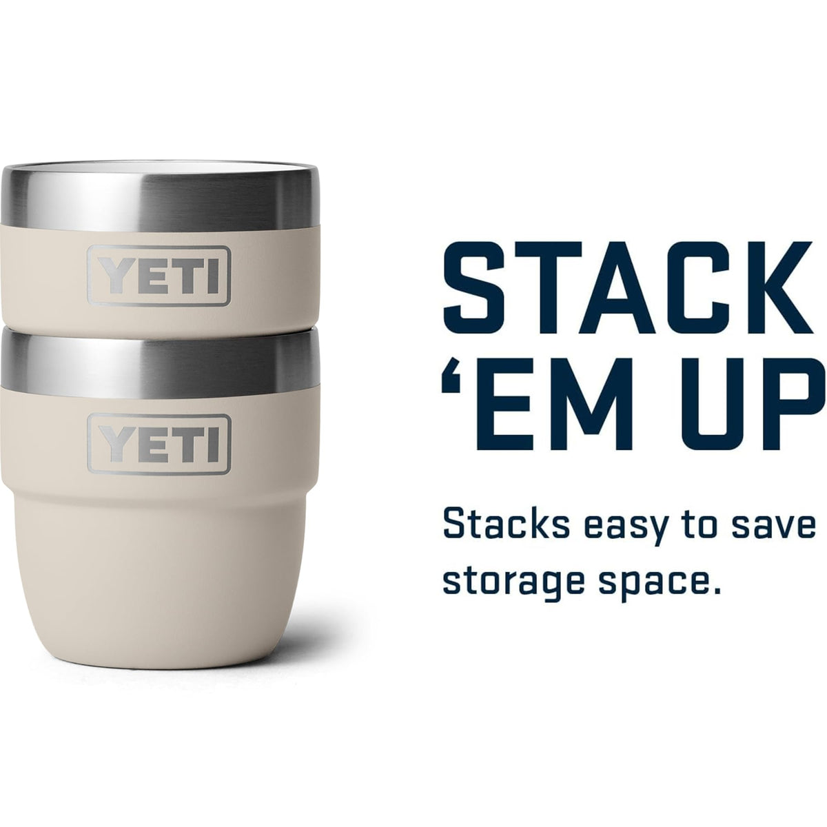 YETI Rambler 4oz cup stacked beside others in a kitchen setting.