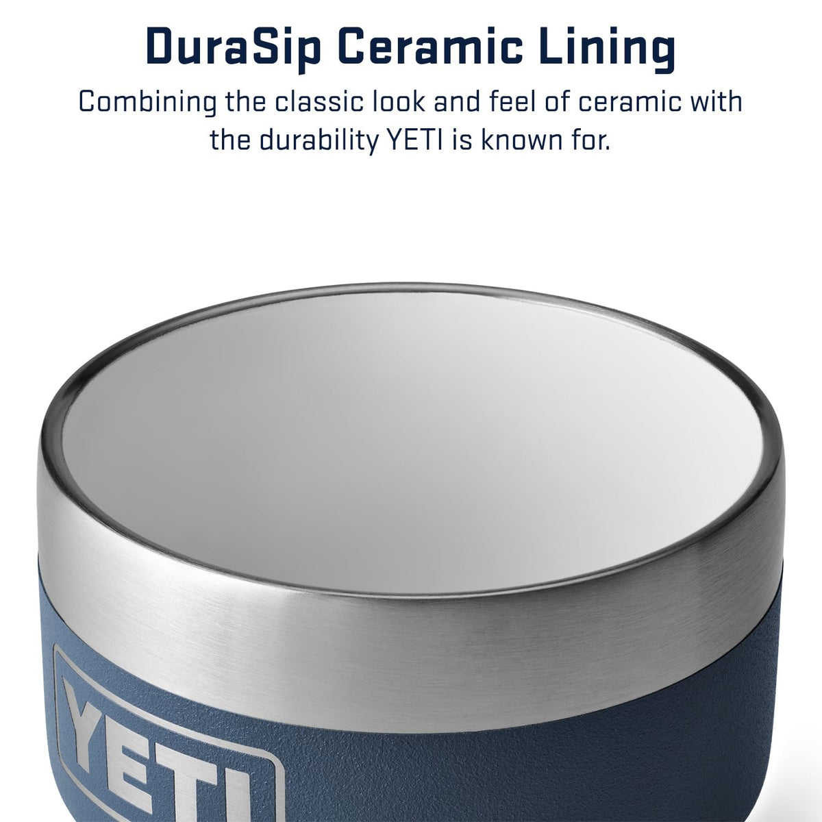 YETI Rambler 4 oz stackable cup navy durasip ceramic lining closeup