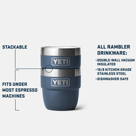 YETI Rambler 4 oz stackable cup navy side view showcases compact design for travel