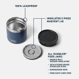 YETI Rambler 8 oz Food Jar shows vacuum insulation preserving hot or cold meals.