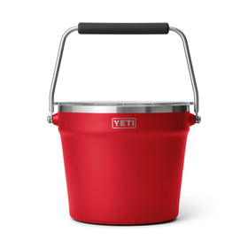 YETI Rambler Beverage Bucket with lid on keeps drinks secure and cold outdoors.