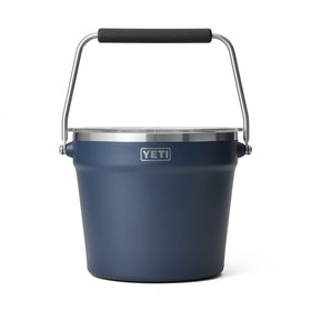 YETI Rambler Beverage Bucket navy side view highlights rugged stainless construction for outdoors