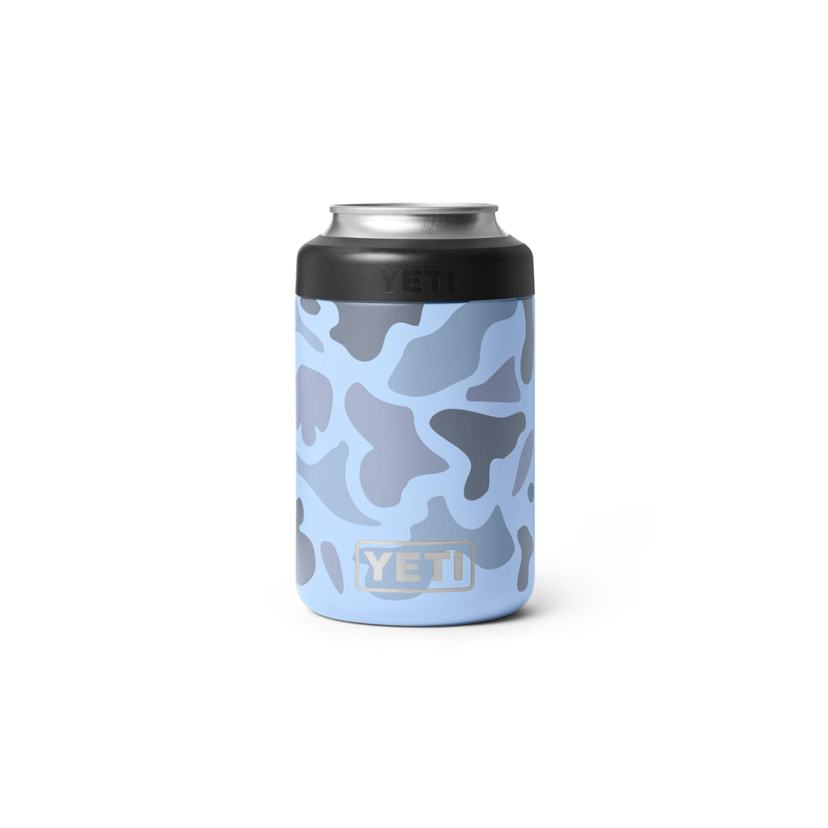 YETI Colster 2.0 in blue camo side view keeps a cold 12 oz can
