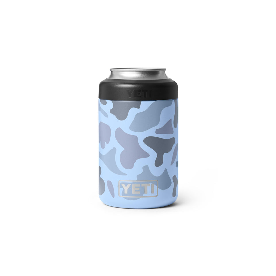 YETI Colster 2.0 in blue camo side view keeps a cold 12 oz can
