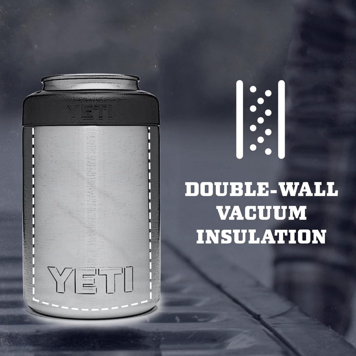 YETI Colster compact 3x4.25 inch profile fits pockets and cups.