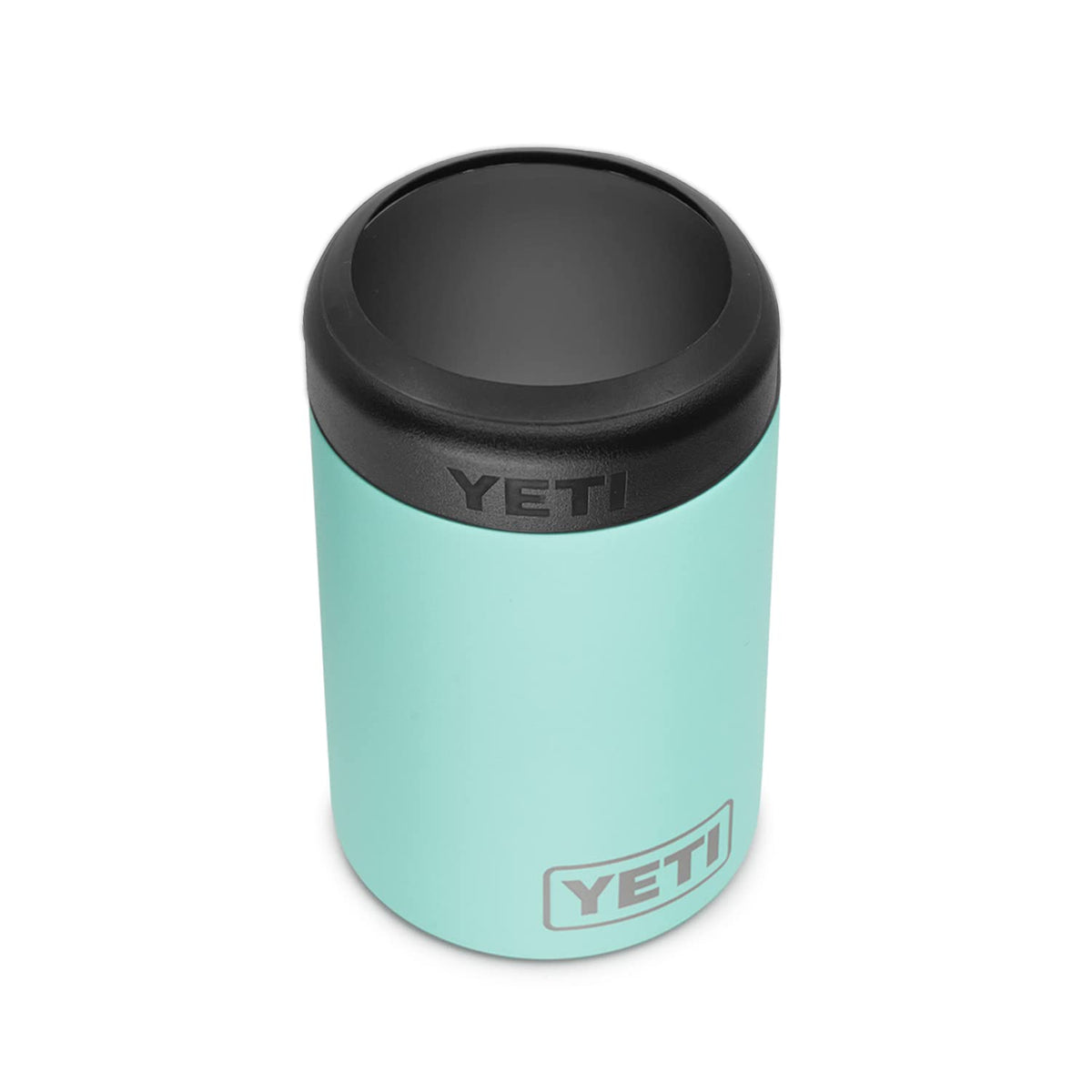 YETI Rambler Colster Seafoam with 12oz cans keeps drinks cold on the go.
