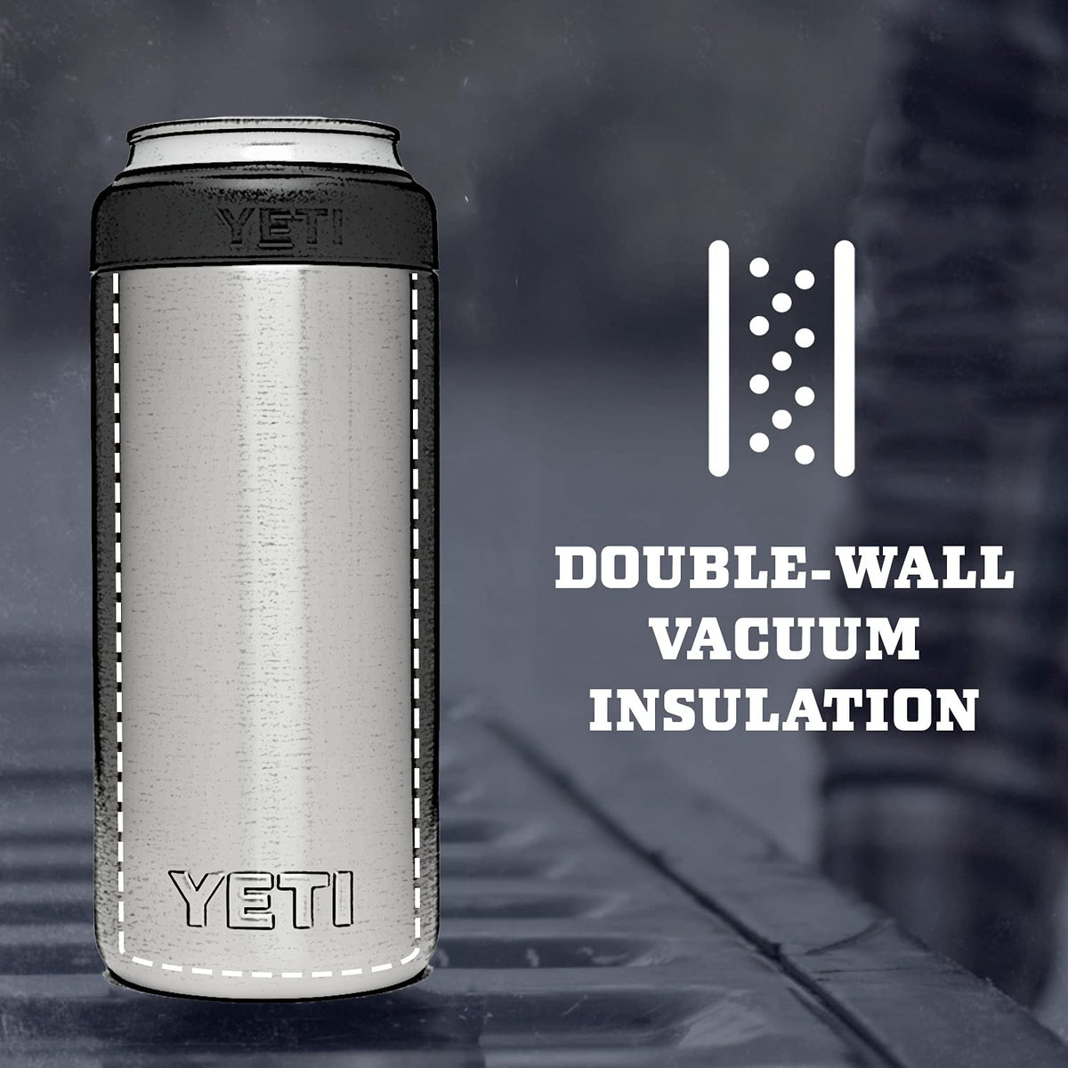 YETI Rambler Colster Slim double-wall vacuum keeps drinks colder longer.