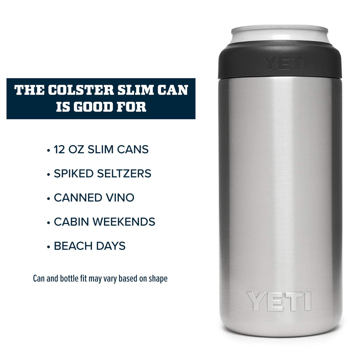 YETI Rambler Colster Slim thick-gauge stainless steel for rugged durability.