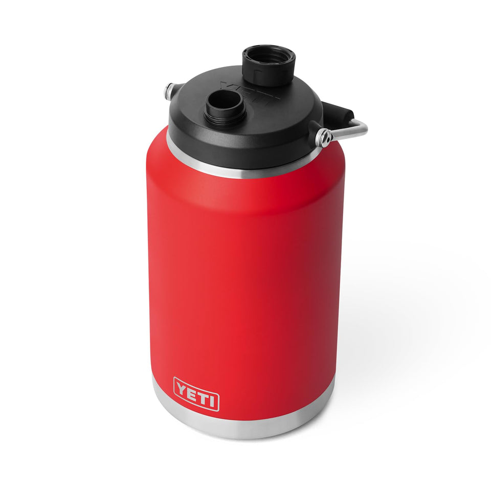 YETI Rambler Gallon Jug 2.0 front view in rescue red keeps beverages cold.
