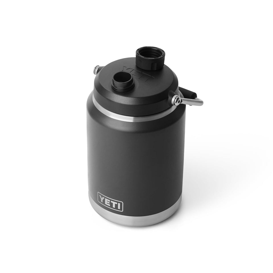 YETI Rambler Half Gallon Jug 2.0 front view shows rugged stainless steel and leakproof design.