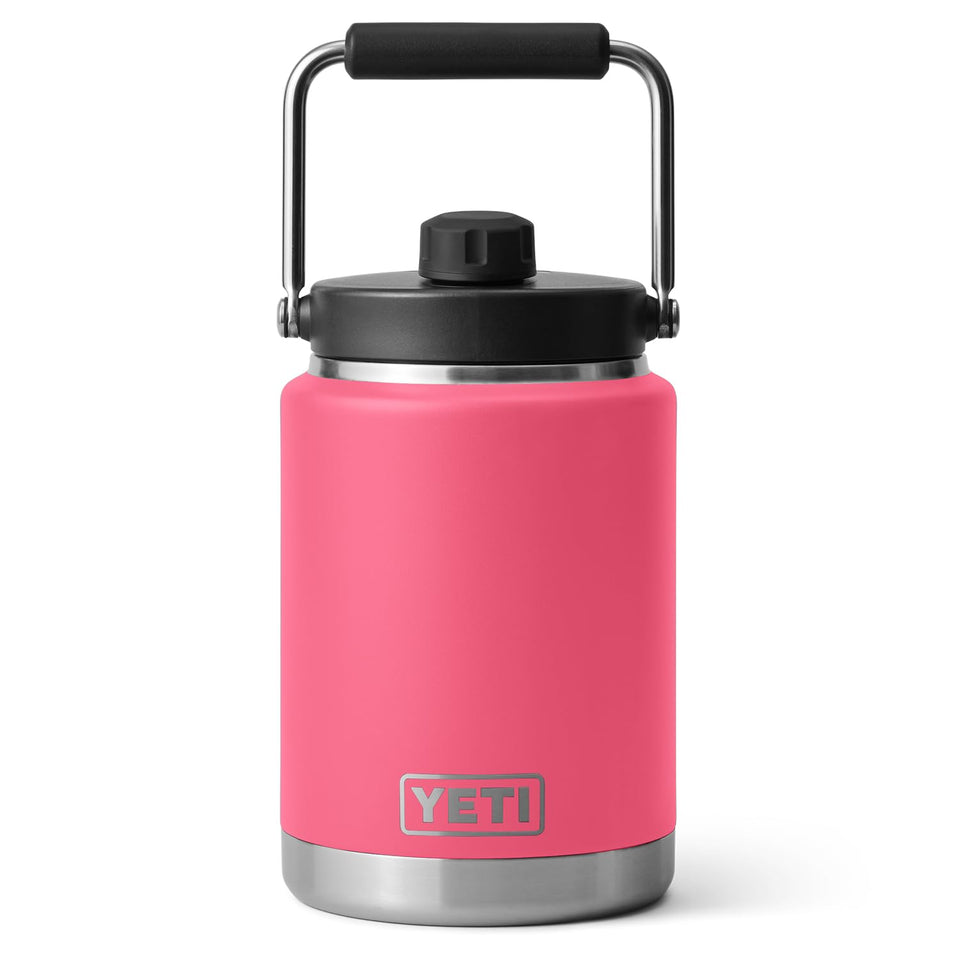 YETI Rambler Half Gallon Jug pink front view for road trips and outdoor hydration.