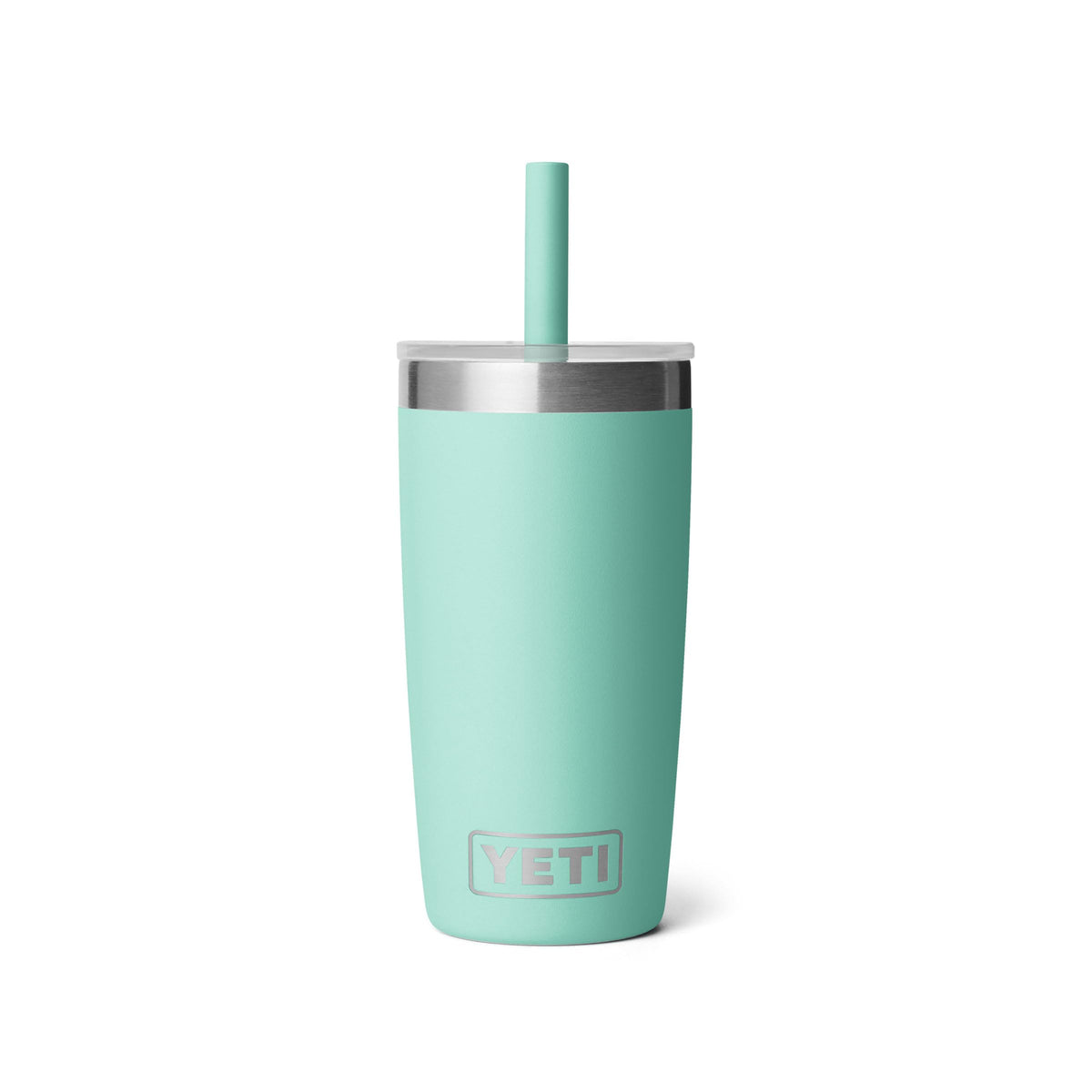YETI Rambler Jr 10oz with silicone straw lid in seafoam for spill-resistant sipping