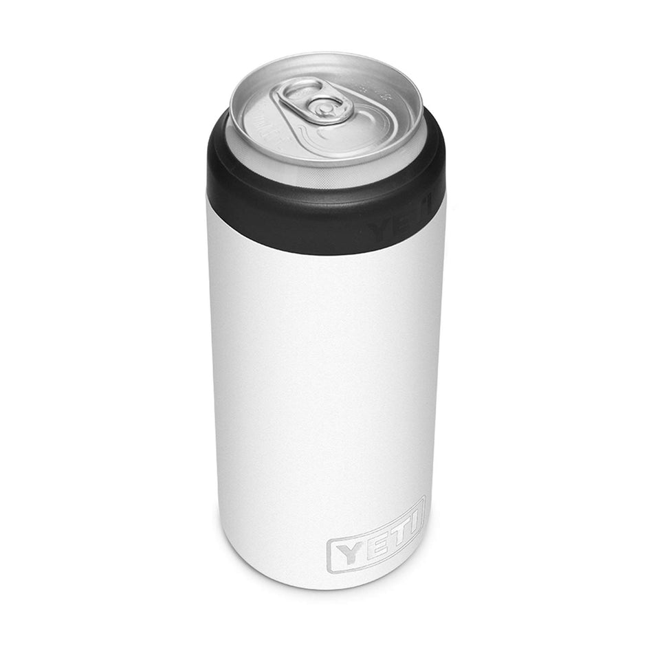 YETI Rambler Slim Colster on a 12 oz white can keeps beverages cold on the go
