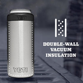 YETI Rambler Slim Colster double wall vacuum minimizes condensation and keeps beverages cold