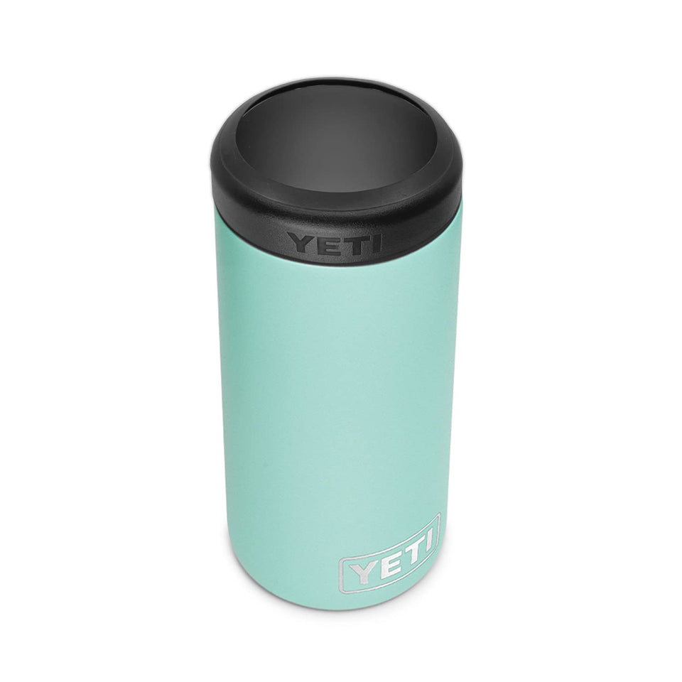 YETI Rambler Slim Colster Seafoam keeps 12 oz cans cold on the beach.