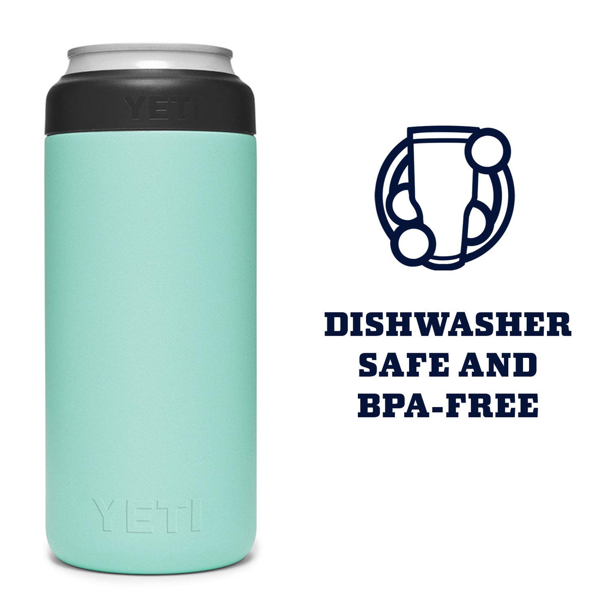 YETI Rambler Slim Colster Seafoam is dishwasher safe for easy cleanup.