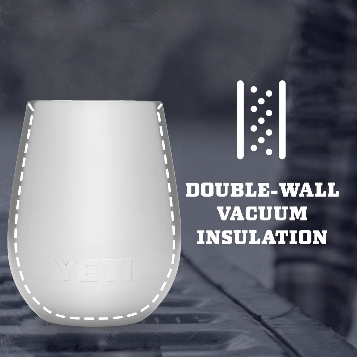 Double-wall vacuum insulation on YETI wine tumbler preserves temperature
