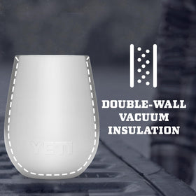 Double-wall vacuum insulation on YETI wine tumbler preserves temperature