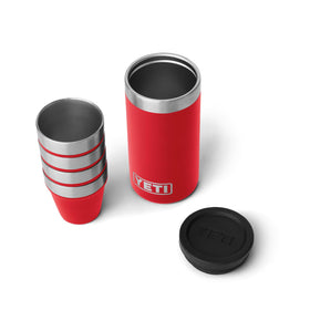 YETI shot glasses with carrying case in Rescue Red, ideal for outdoor adventures.