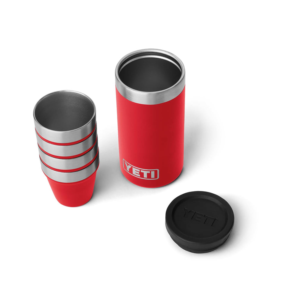 YETI shot glasses with carrying case in Rescue Red, ideal for outdoor adventures.