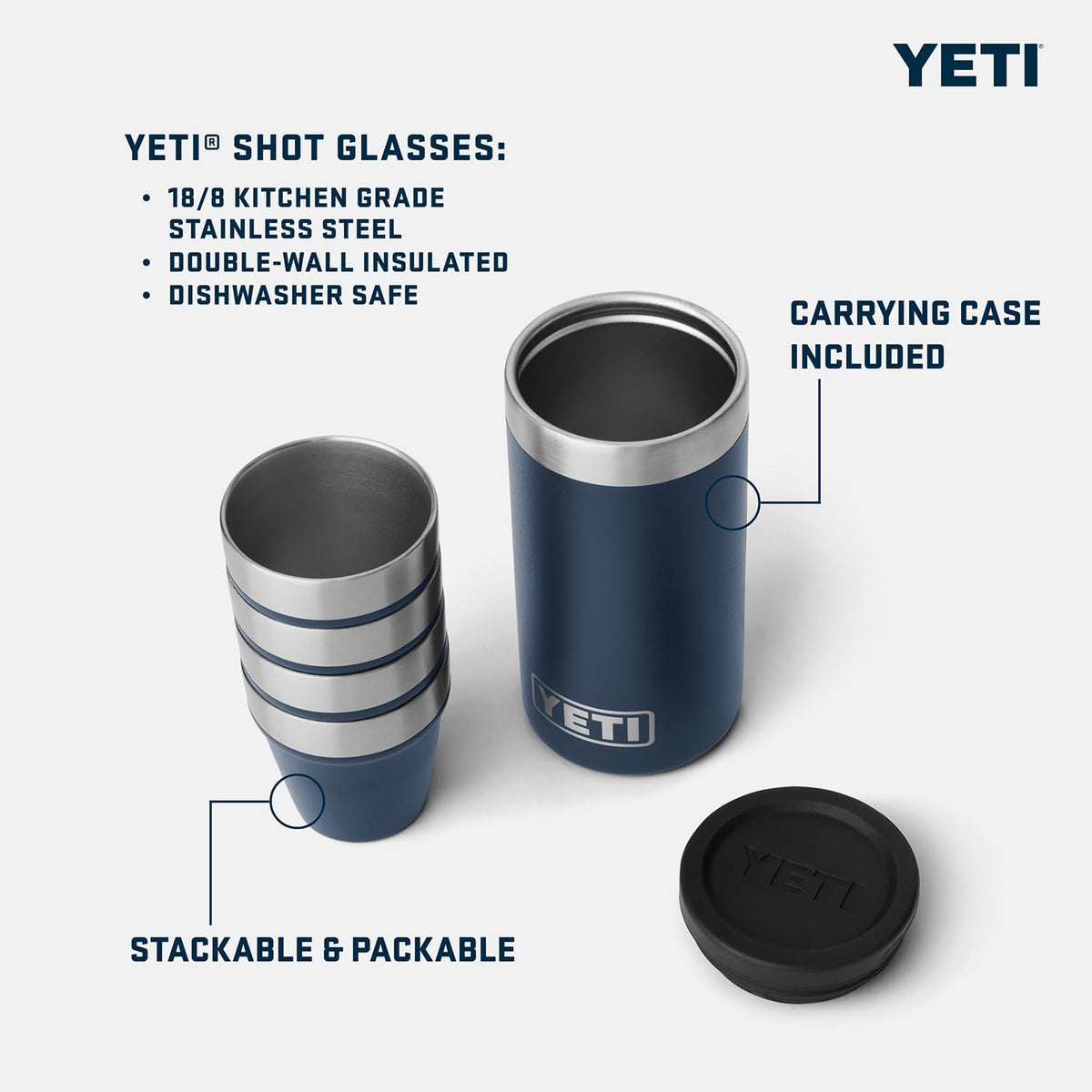 YETI shot glasses tucked inside carrying case, easy transport and storage