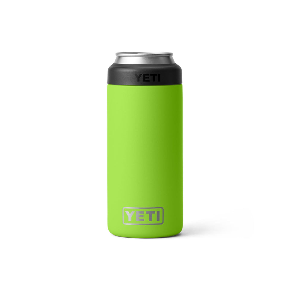 YETI Slim Colster around a 12 oz can, keeps drinks extra cold on outdoor trips.