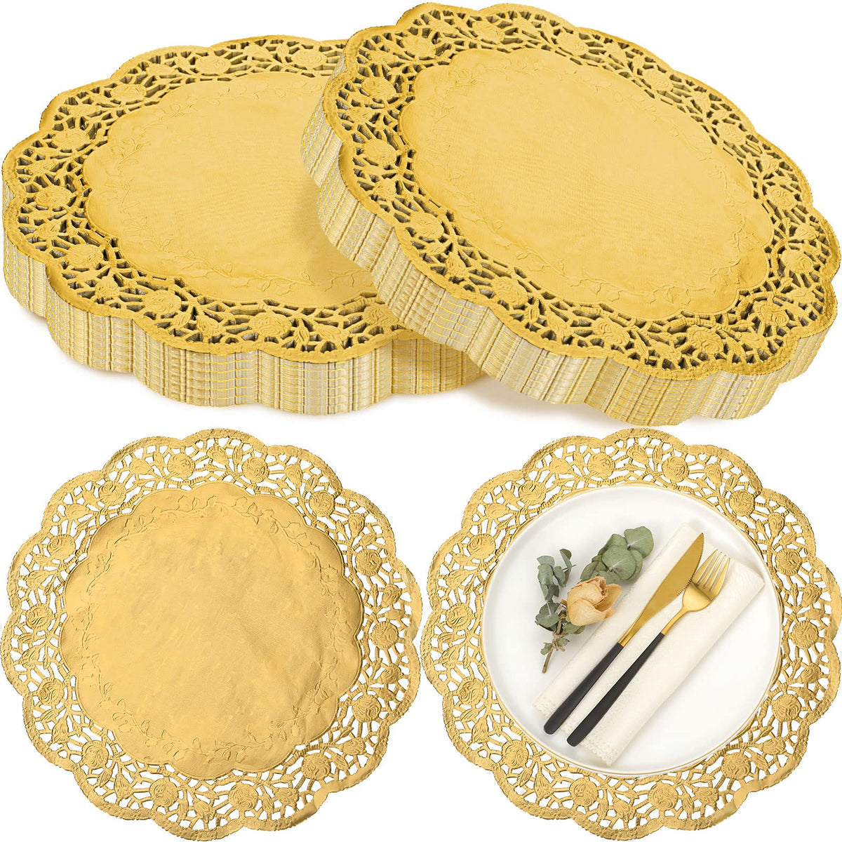Yexiya gold lace doilies on a cake plate for elegant presentation.