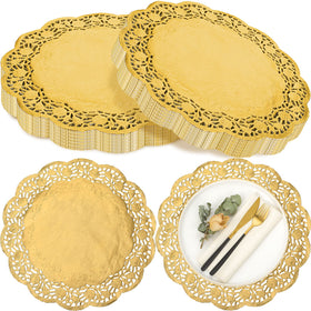Yexiya gold lace doilies on a cake plate for elegant presentation.