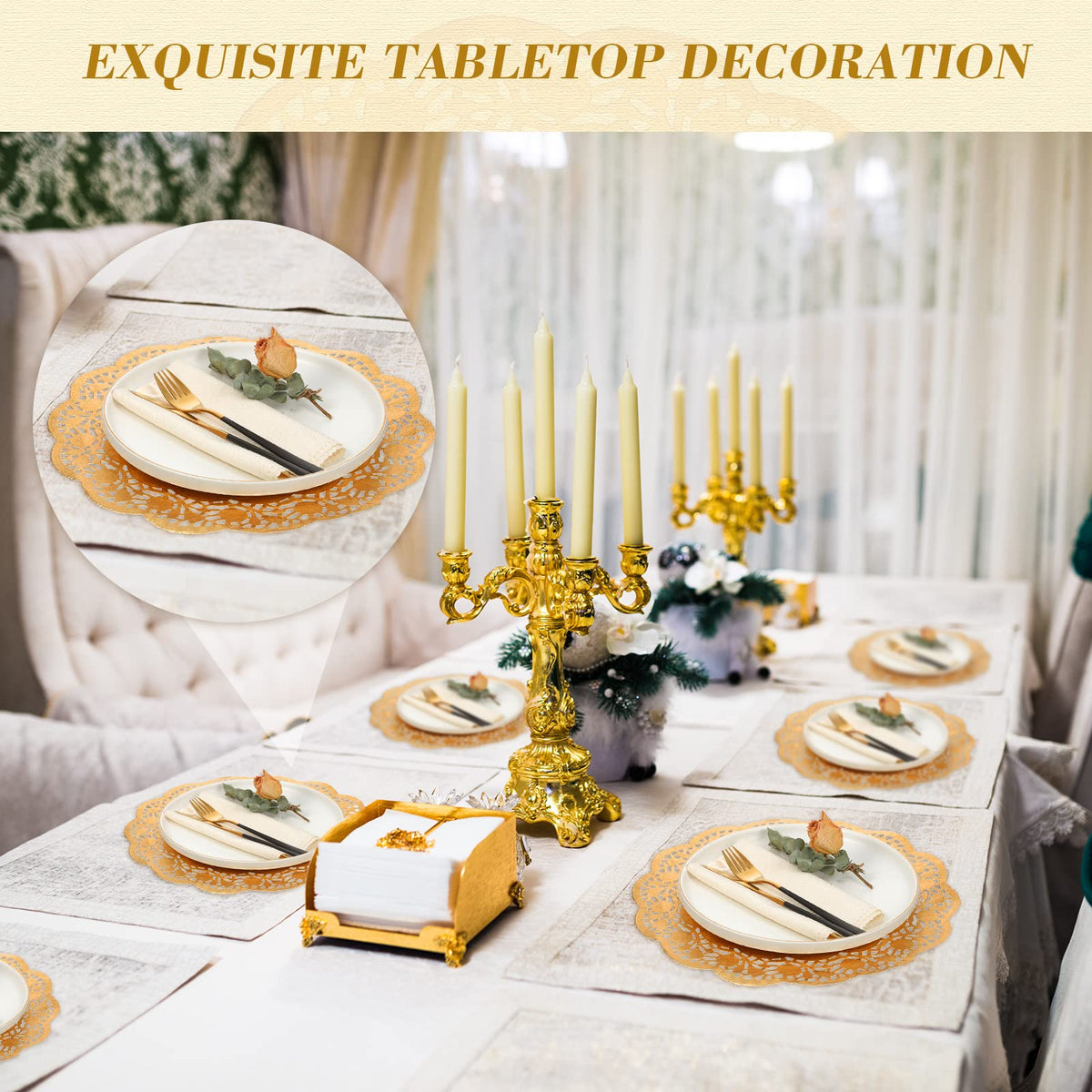 Yexiya gold lace doilies used in crafts and packaging.