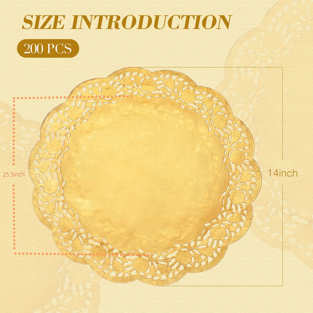 Yexiya gold lace doilies frame desserts at a party.