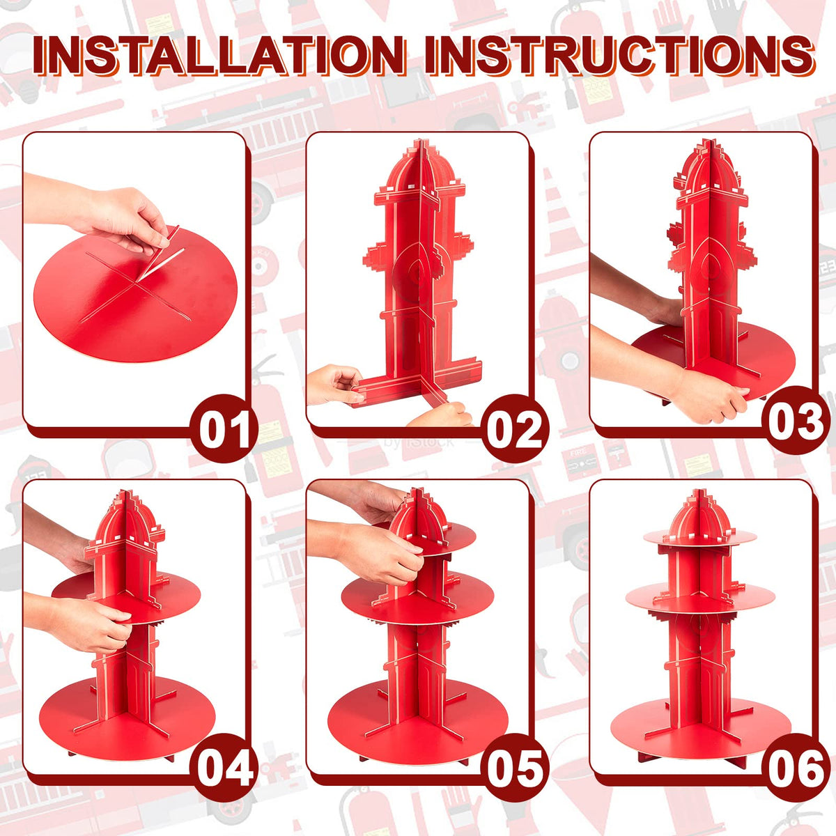 Yexiya red firefighter themed cupcake holder enhances party ambiance.